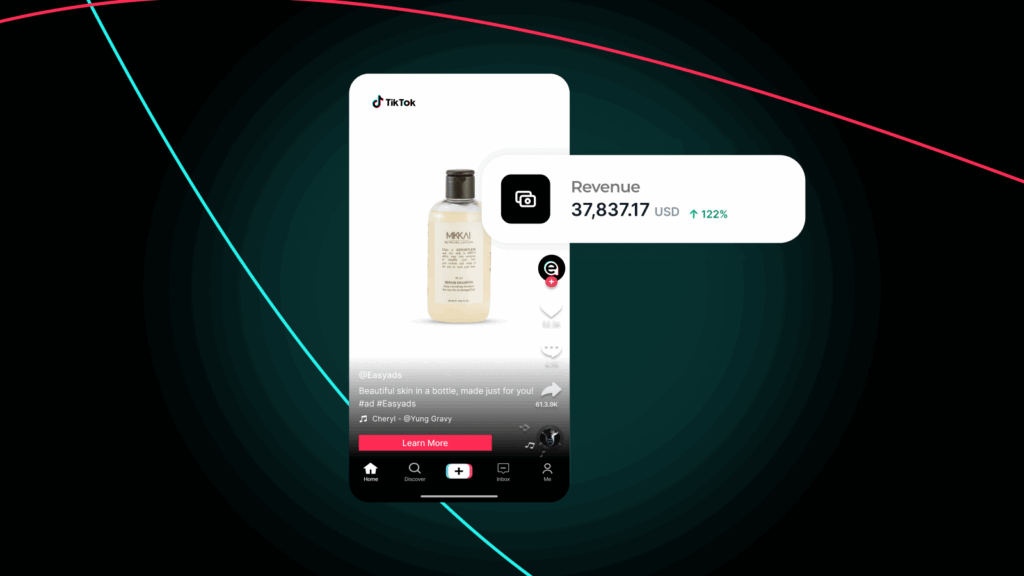 A TikTok ad showing a skincare bottle product with a revenue popup displaying $37,837.17, demonstrating tiktok ads that sell shopify results.