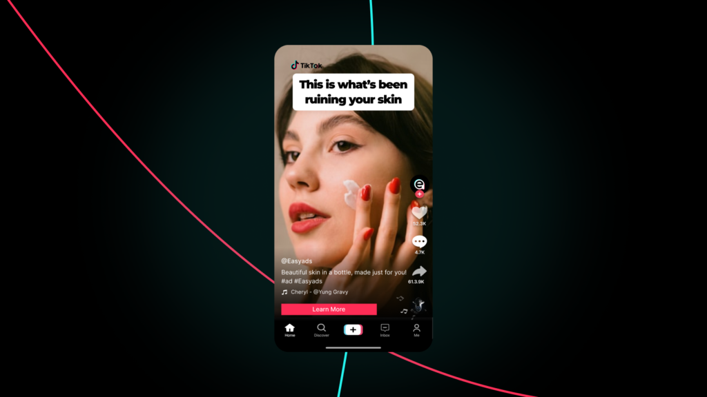 A TikTok ad featuring a woman applying cream with the text ‘This is what’s been ruining your skin'.