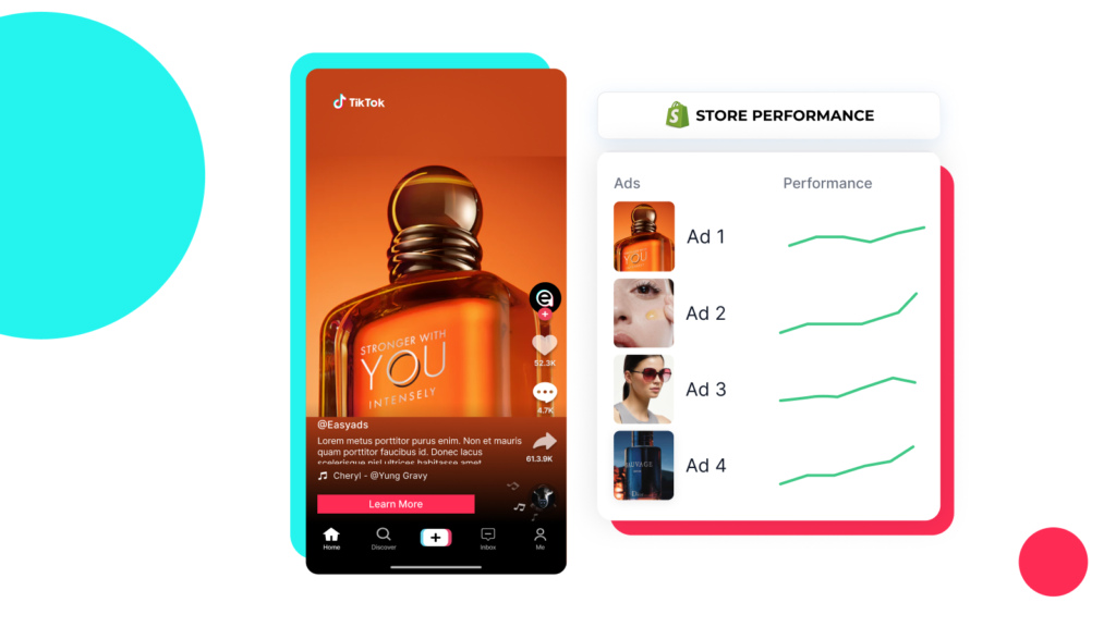 A TikTok-style mobile ad mockup showcasing a perfume bottle labeled “Stronger With You Intensely” beside a Shopify store performance dashboard listing four ads with green performance trend lines.