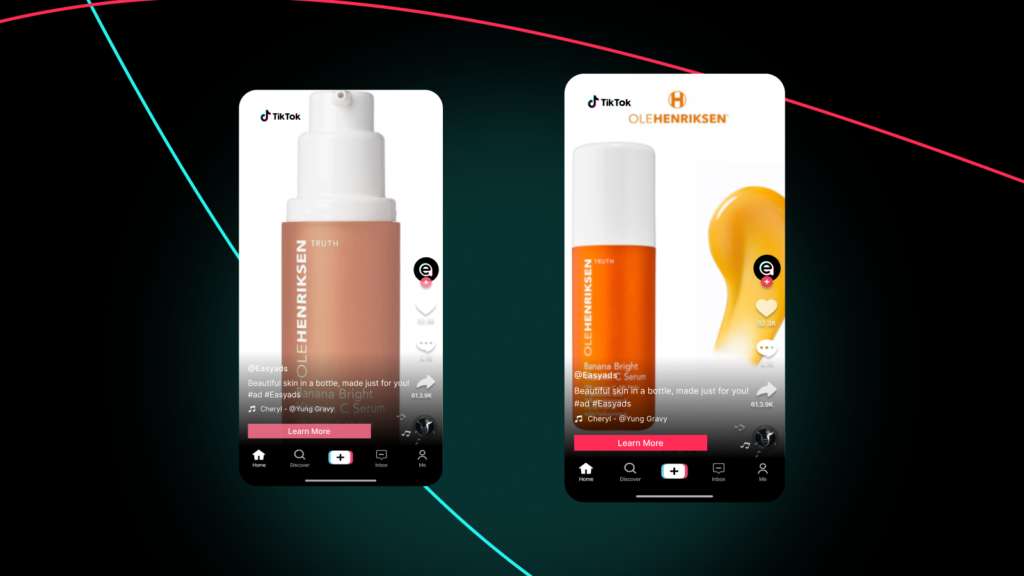 Two mobile phone screenshots displaying TikTok ads for Ole Henriksen skincare serums. The left screen shows a peachy-toned "Truth Serum" product with the text "Beautiful skin in a bottle, made just for you" and a "Learn More" button. The right screen features a vibrant orange "Banana Bright Serum" with similar messaging. Both ads include engagement metrics (613.9K views) and are set against a dark background with neon red and cyan accent lines, showcasing a modern e-commerce marketing strategy for Shopify-integrated TikTok ads.