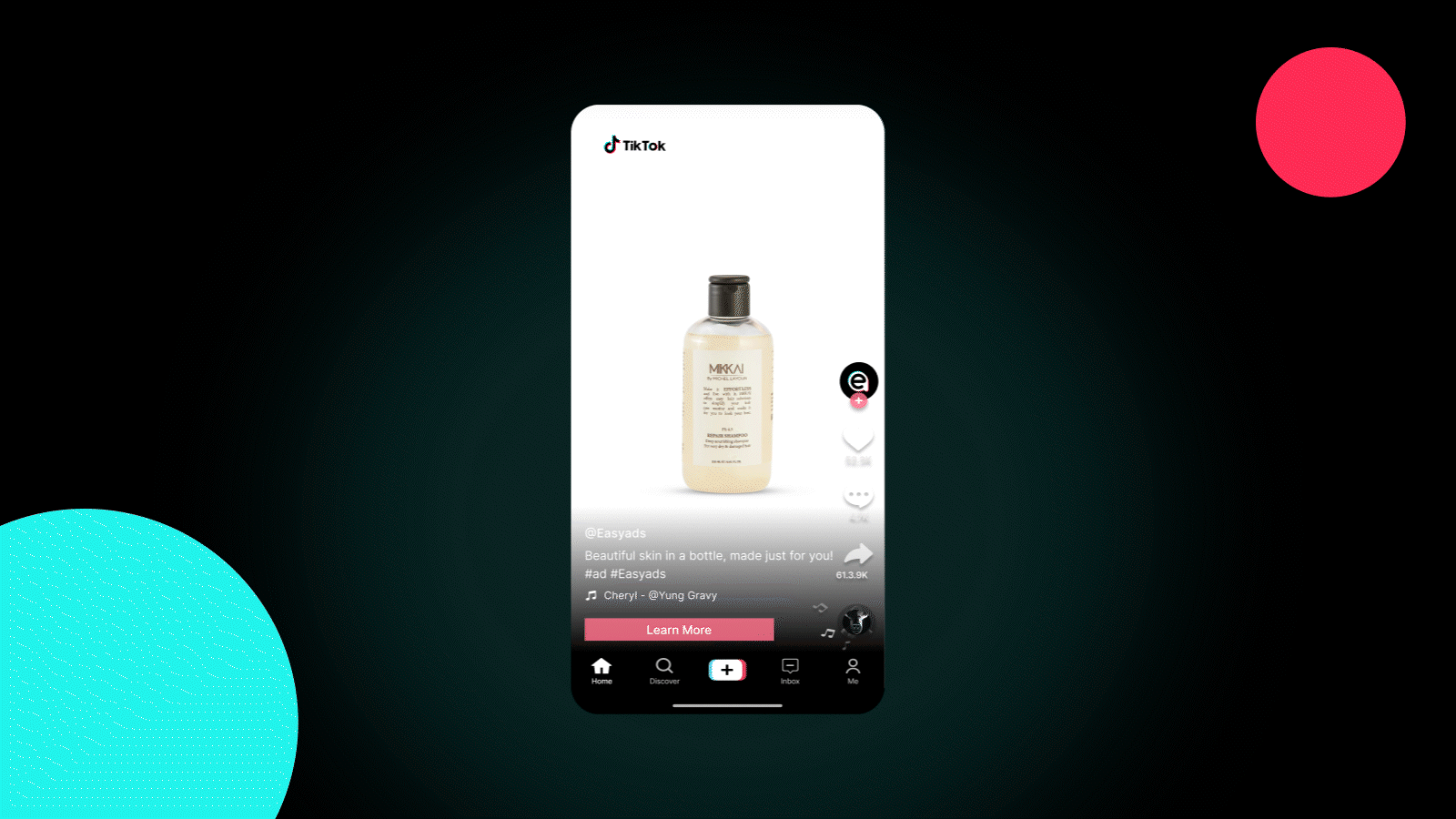 TikTok app interface displaying a Mikai skincare product bottle with text "Beautiful skin in a bottle, made just for you" and Learn More button