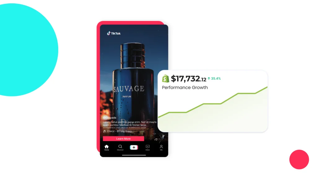 TikTok shop ad format mockup showing Sauvage perfume product listing with $17,732.12 sales performance and 35.4% growth chart, demonstrating TikTok ad formats for Shopify integration.