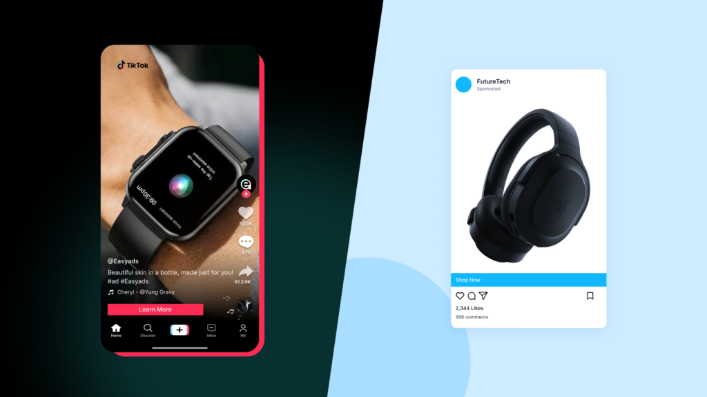 Side-by-side comparison of TikTok ad featuring a smartwatch with AI features worn on wrist versus Facebook ad displaying black wireless headphones, showcasing different product advertising approaches for tech retailers on Shopify.