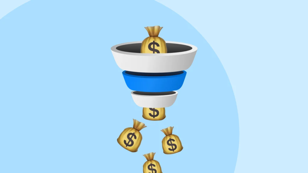 A stylized marketing funnel illustration dropping money bags, visually representing how optimized Shopify ads performance metrics lead to higher profitability.