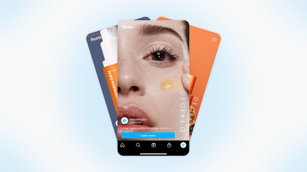 Split-screen smartphone display showing woman's face with glowing skin on orange and blue gradient background, featuring close-up of eye area, cheek, and lip with dewy complexion and radiant finish.