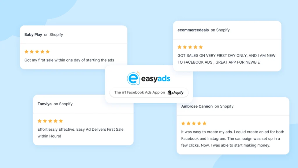 Four 5-star reviews from Shopify merchants praising EasyAds for quick sales and beginner-friendly Facebook ad campaigns