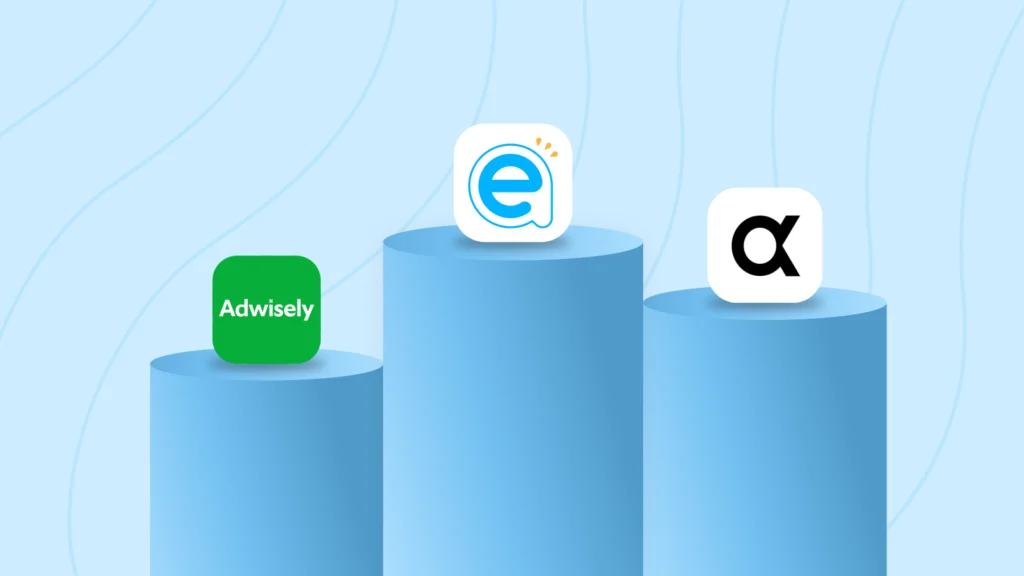 Three advertising platform logos displayed on podiums: Adwisely on the left, Easy Ads in the center on the highest podium, and Alpha on the right on a lower podium, against a light blue background.