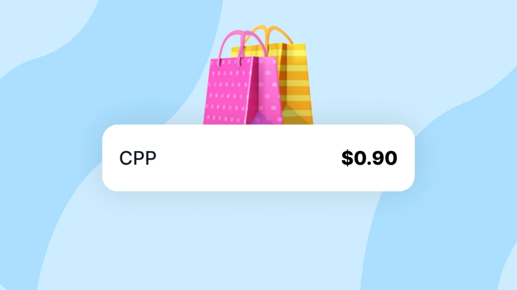 Shopify ads performance metrics showing cost per purchase of $0.90 with colorful shopping bags illustration. 