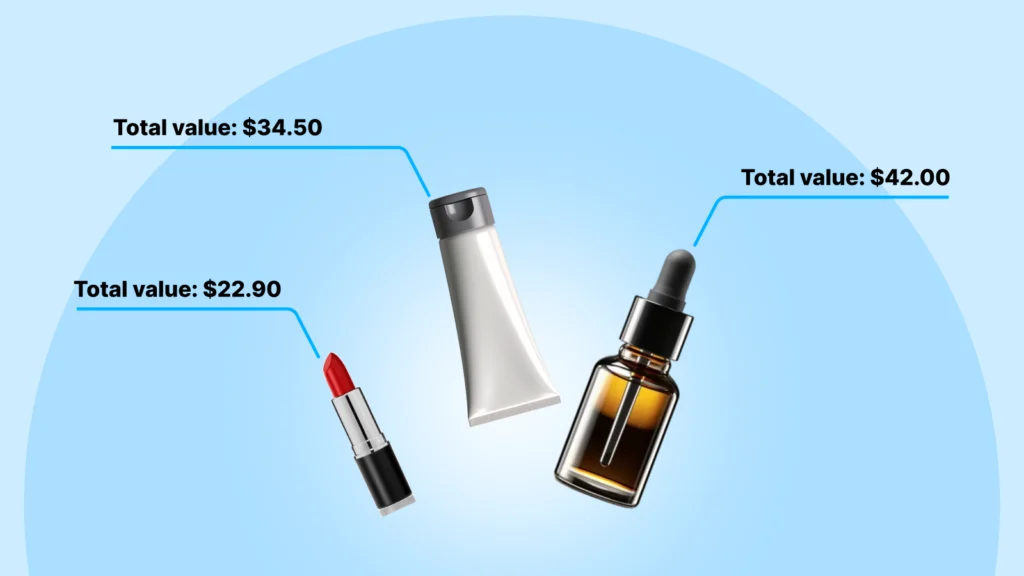 Beauty products comparison showing lipstick valued at $22.90, moisturizer at $34.50, and facial oil at $42.00. 