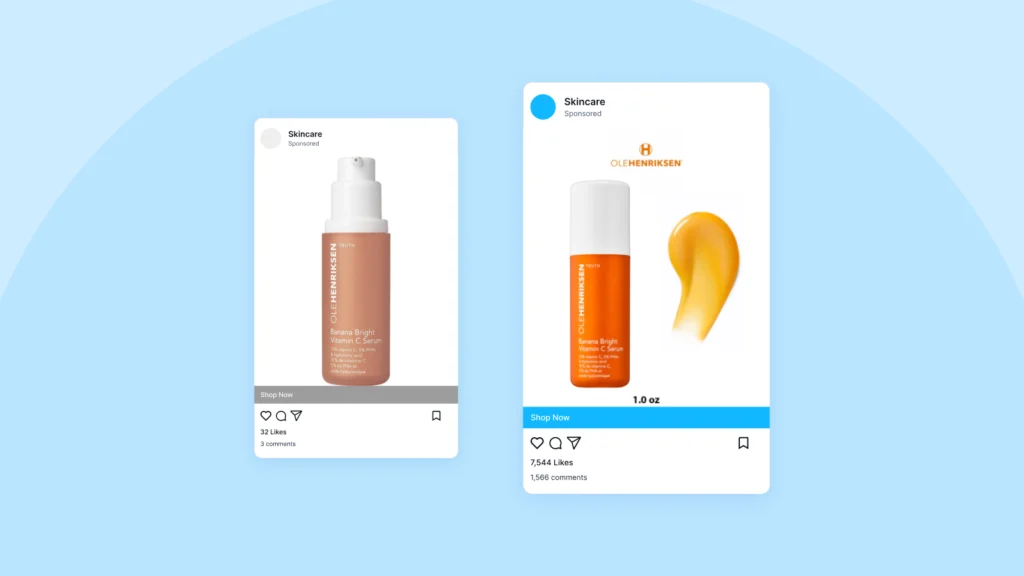 Single product ad format example for Facebook ads not converting due to boring ad creative. 